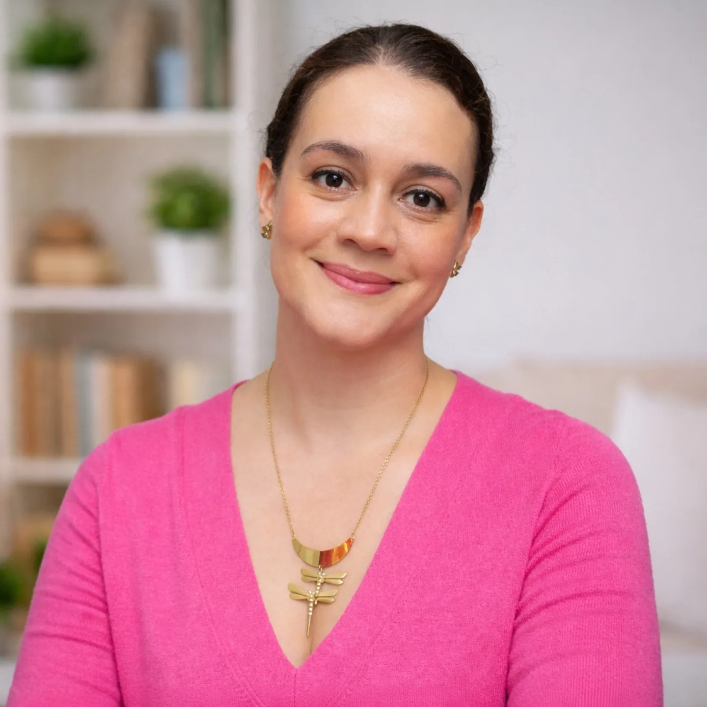 Portrait of Marcela Brito Avellaneda, psychologist, in a bright setting.
