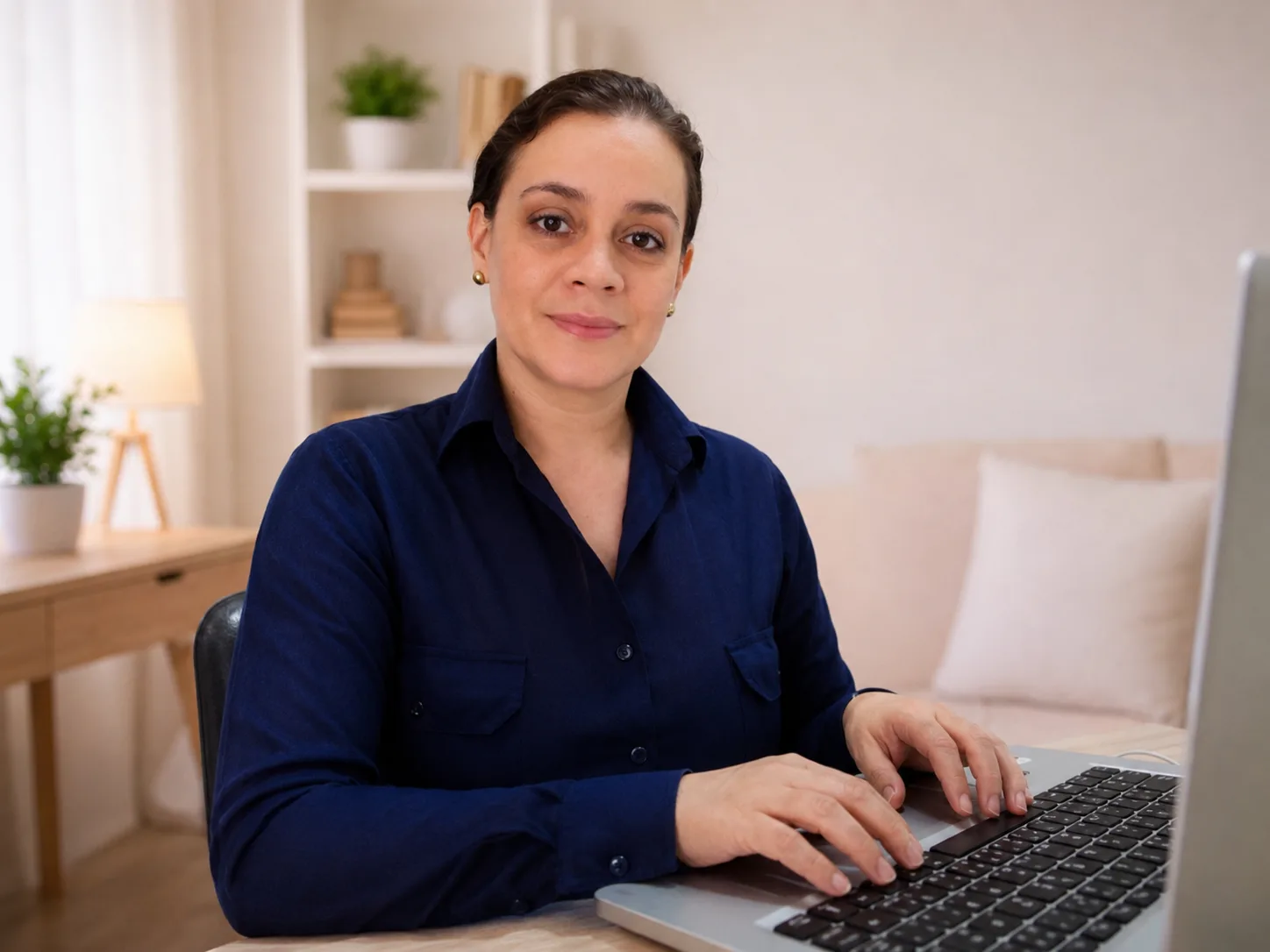 Marcela Brito Avellaneda in a consulting setting, with a blue shirt and a computer.